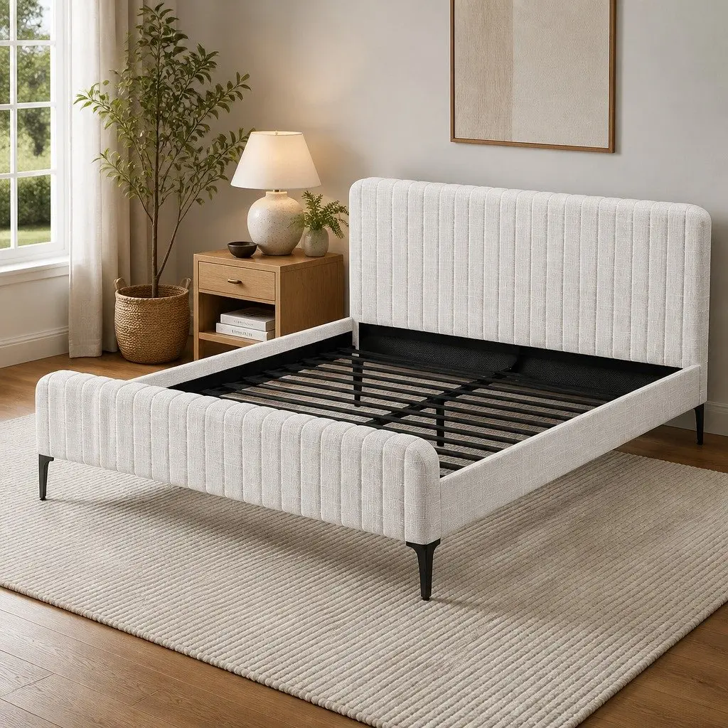 King Size Bed Frame Upholstered Beige Padded Headboard Wooden Slatted Base