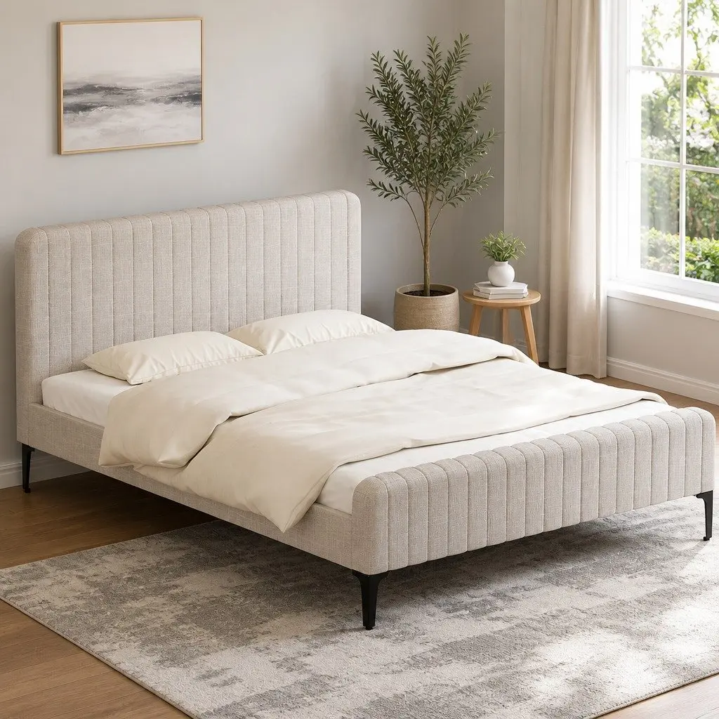 Beige Upholstered Queen Bed Frame with Padded Comfort