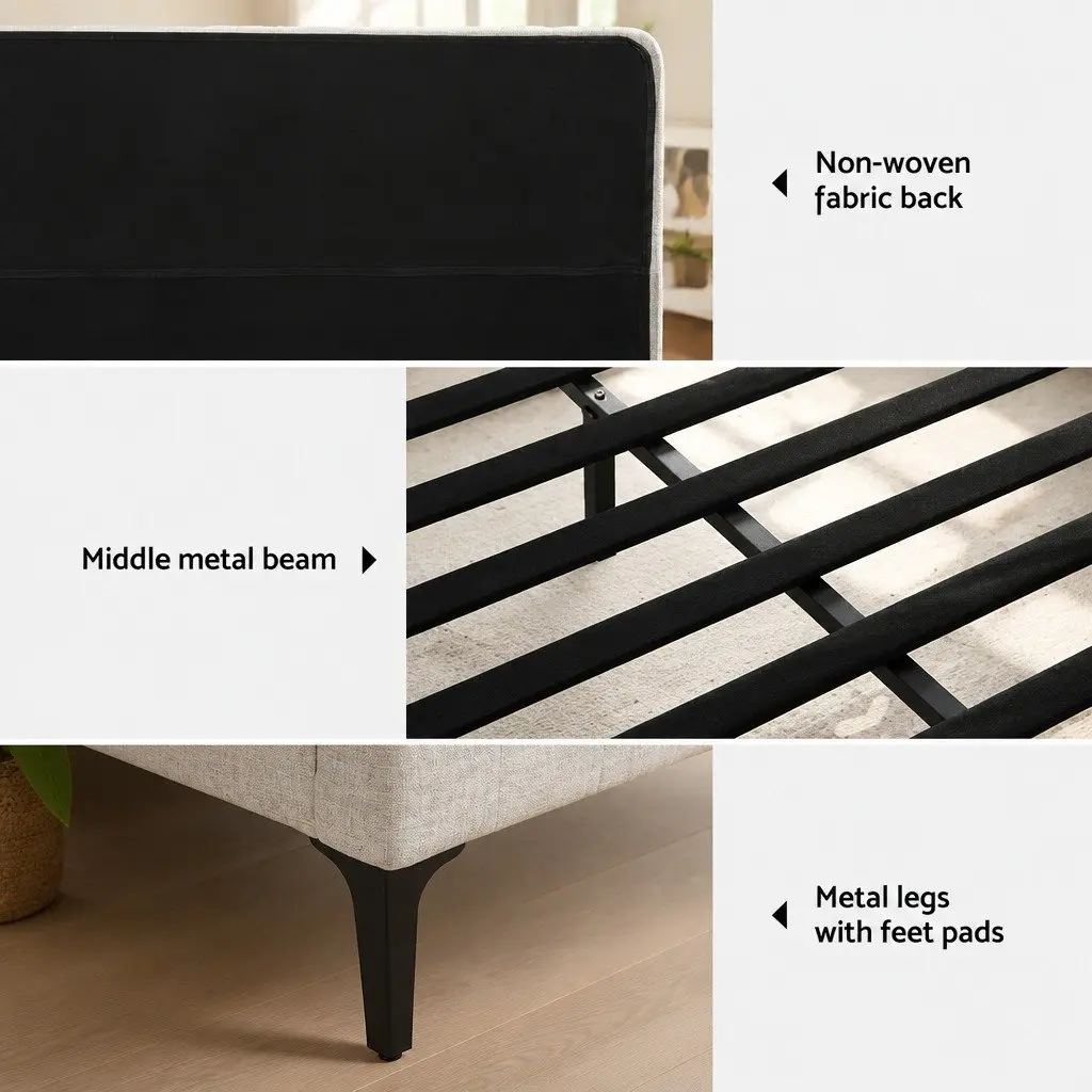 Beige Upholstered Queen Bed Frame with Padded Comfort