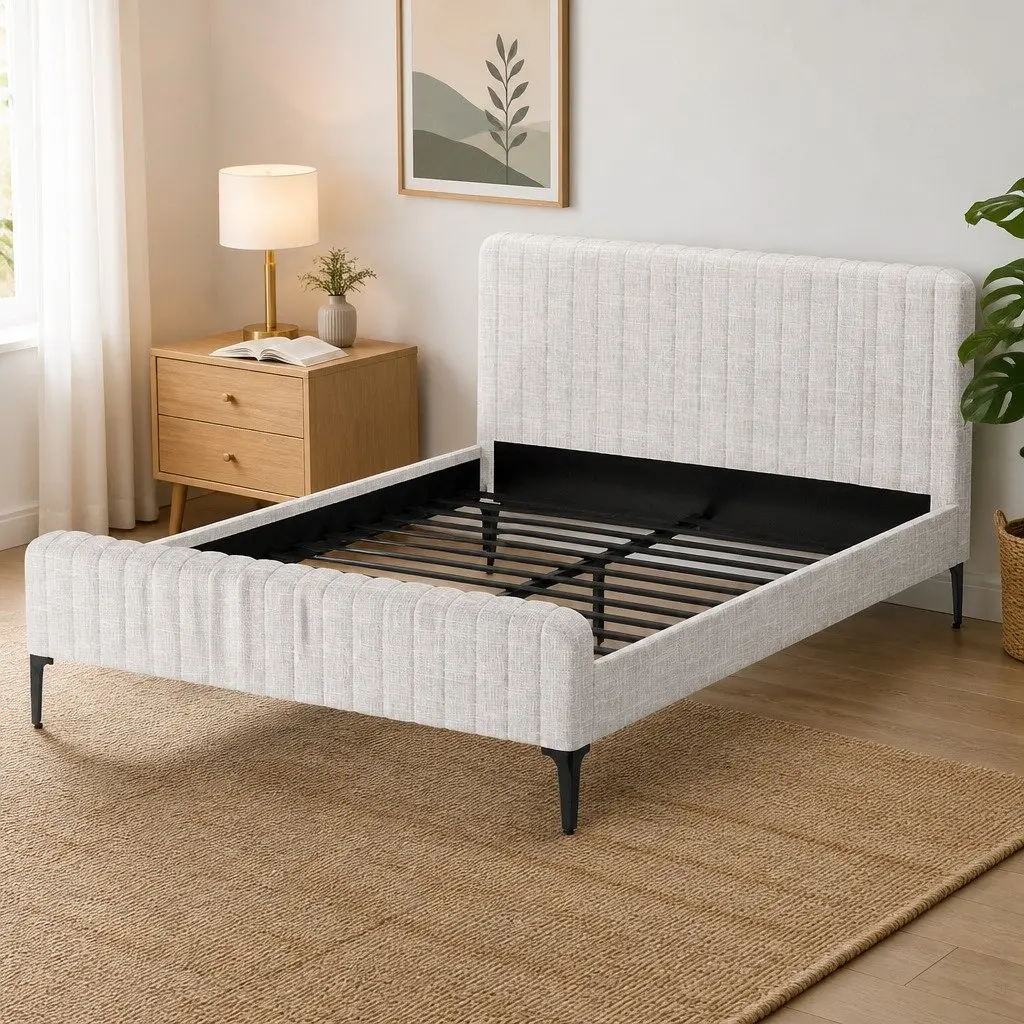 Beige Upholstered Queen Bed Frame with Padded Comfort