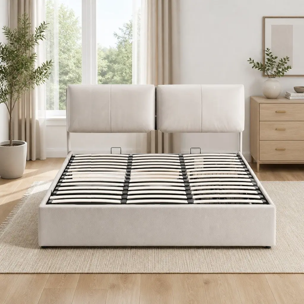 King Bed Frame Gas Lift Storage Adjustable Headboard 3 Drawers PVC Leather Pine Wood Beige