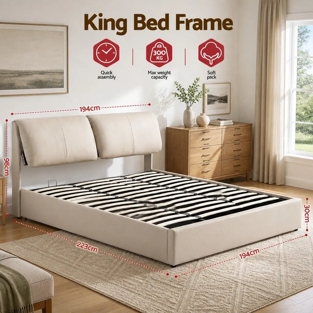 King Bed Frame Gas Lift Storage Adjustable Headboard 3 Drawers PVC Leather Pine Wood Beige