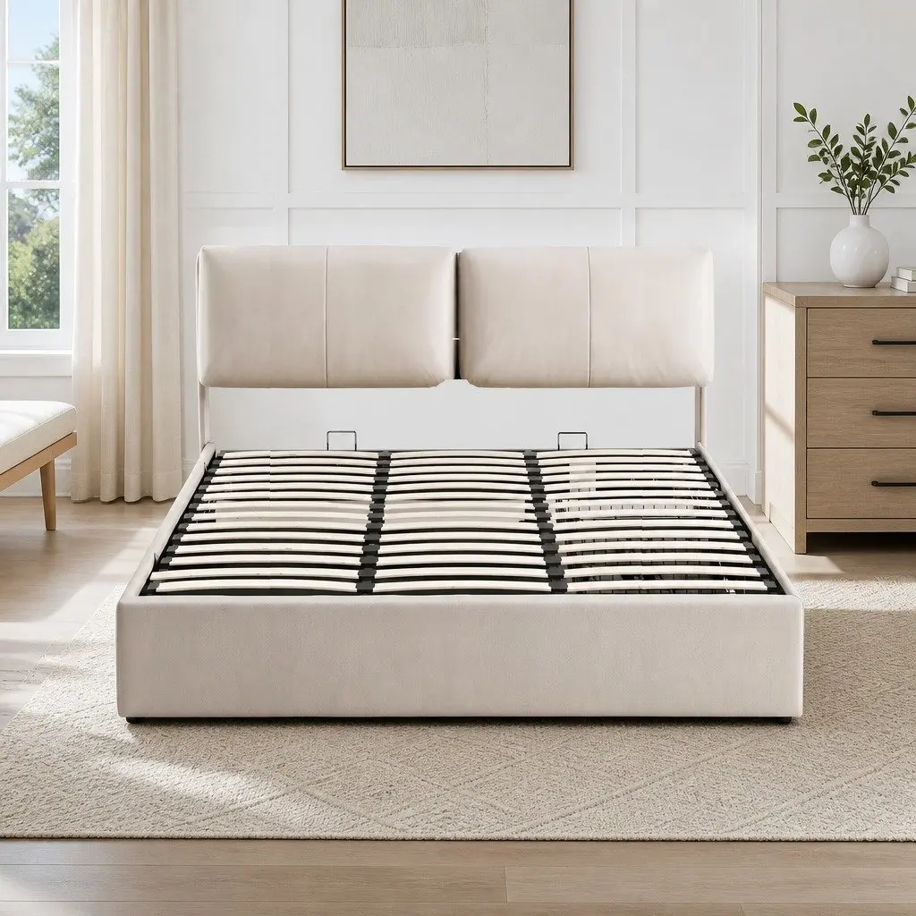 King Bed Frame Gas Lift Storage Adjustable Headboard 3 Drawers PVC Leather Pine Wood Beige