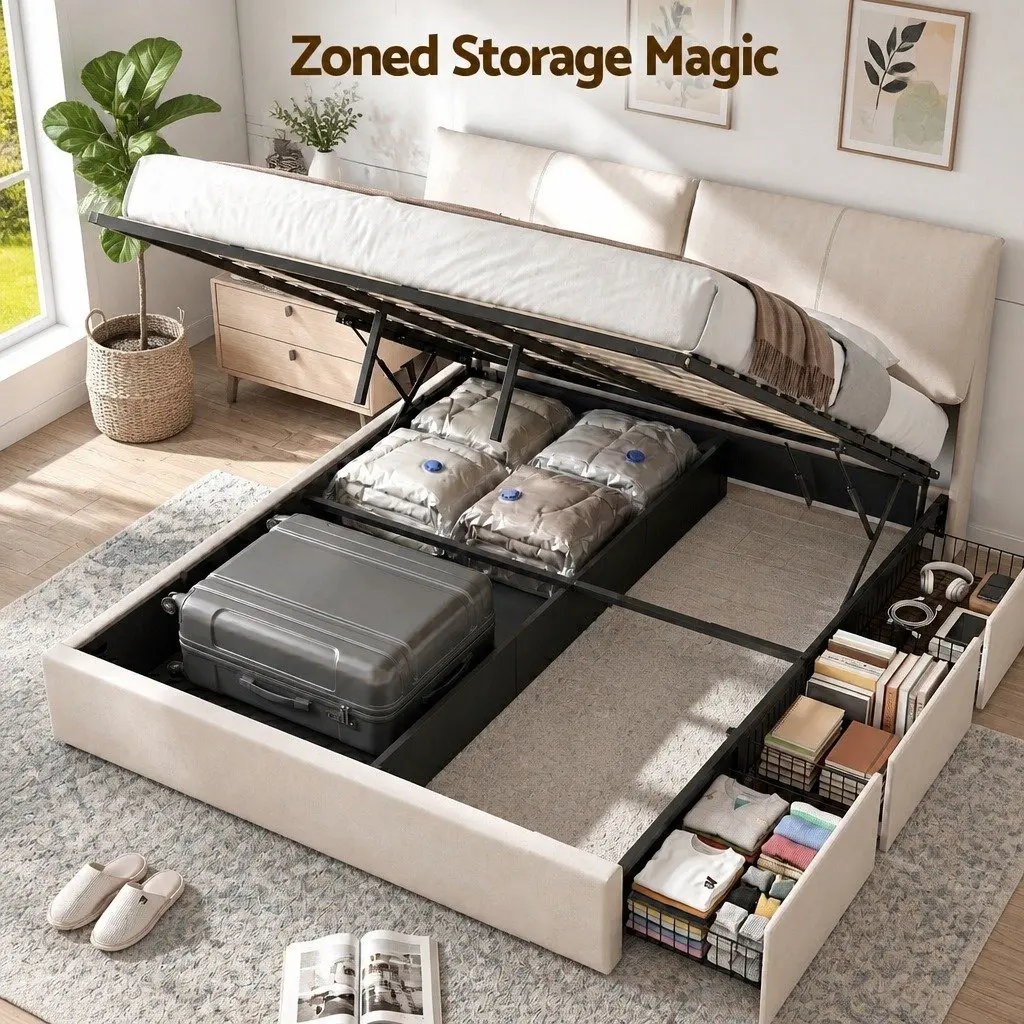 King Bed Frame Gas Lift Storage Adjustable Headboard 3 Drawers PVC Leather Pine Wood Beige