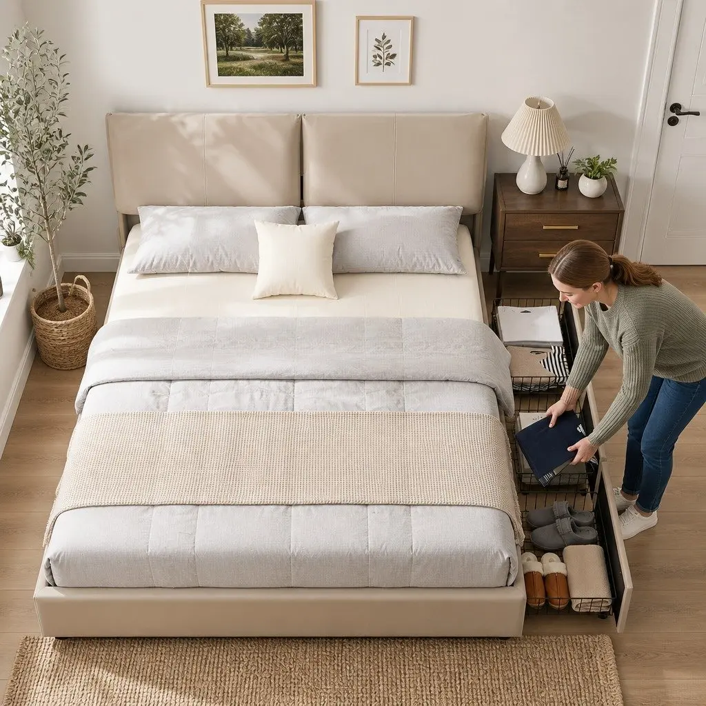 King Bed Frame Gas Lift Storage Adjustable Headboard 3 Drawers PVC Leather Pine Wood Beige