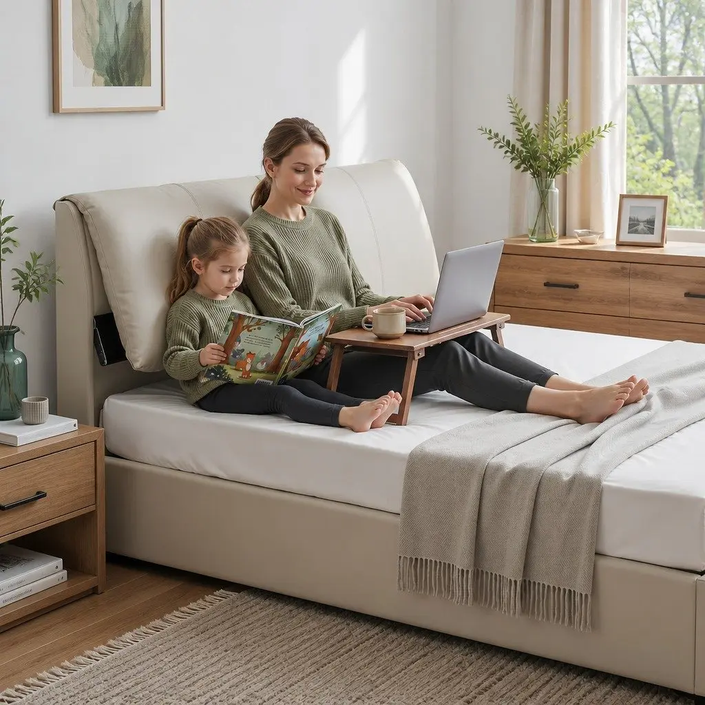 King Bed Frame Gas Lift Storage Adjustable Headboard 3 Drawers PVC Leather Pine Wood Beige