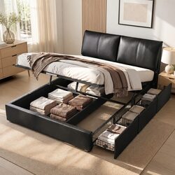 Stylish King Bed Frame with Gas Lift Storage and 3 Drawers