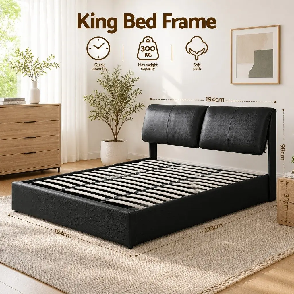 King Bed Frame Black Gas Lift Storage 3 Drawers Adjustable Headboard PVC Leather Plywood Solid Pine Wood Metal