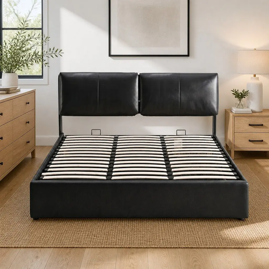 King Bed Frame Black Gas Lift Storage 3 Drawers Adjustable Headboard PVC Leather Plywood Solid Pine Wood Metal