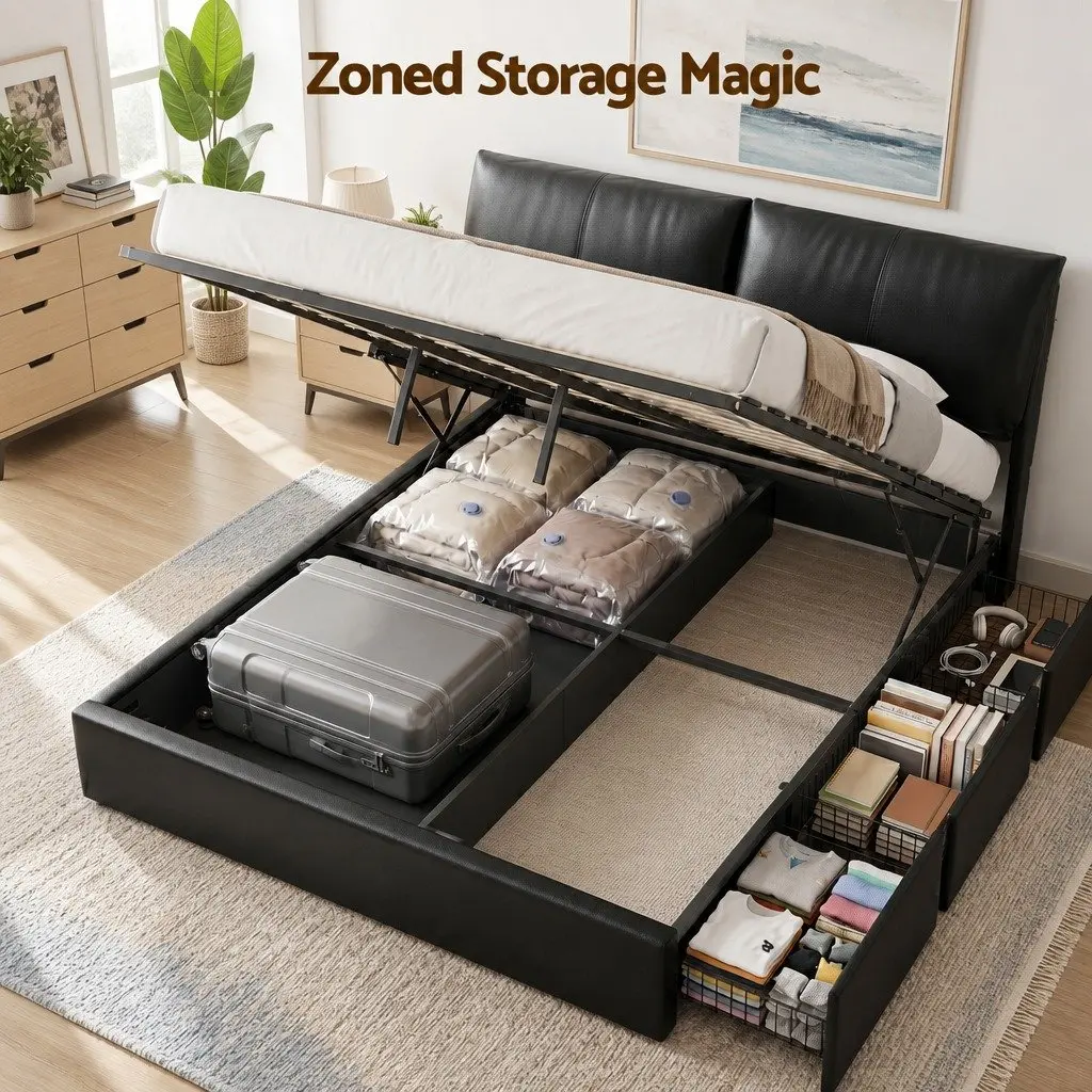 King Bed Frame Black Gas Lift Storage 3 Drawers Adjustable Headboard PVC Leather Plywood Solid Pine Wood Metal