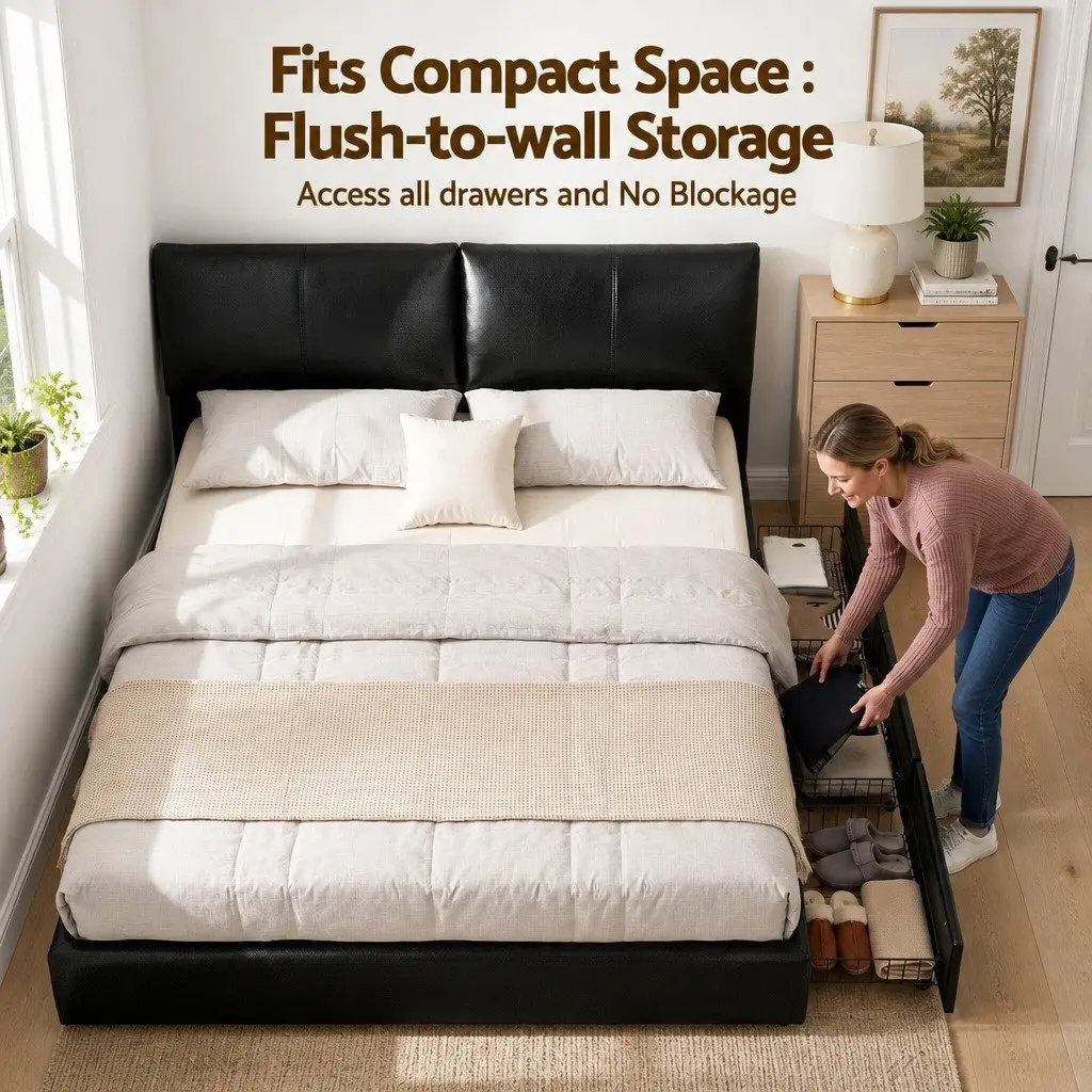 King Bed Frame Black Gas Lift Storage 3 Drawers Adjustable Headboard PVC Leather Plywood Solid Pine Wood Metal