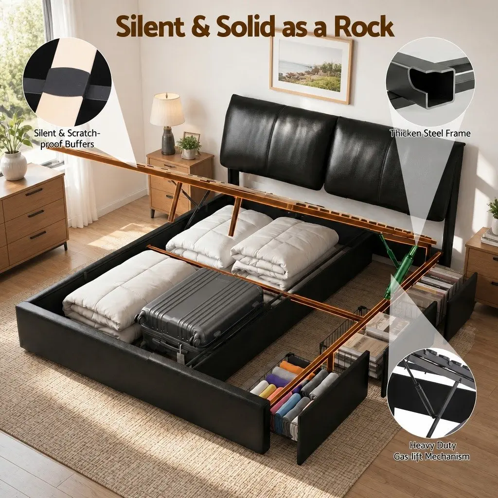 King Bed Frame Black Gas Lift Storage 3 Drawers Adjustable Headboard PVC Leather Plywood Solid Pine Wood Metal