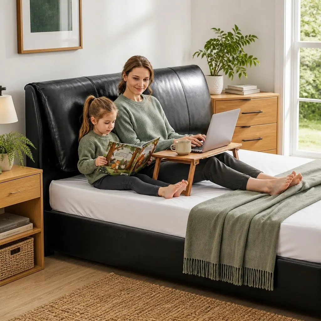 King Bed Frame Black Gas Lift Storage 3 Drawers Adjustable Headboard PVC Leather Plywood Solid Pine Wood Metal