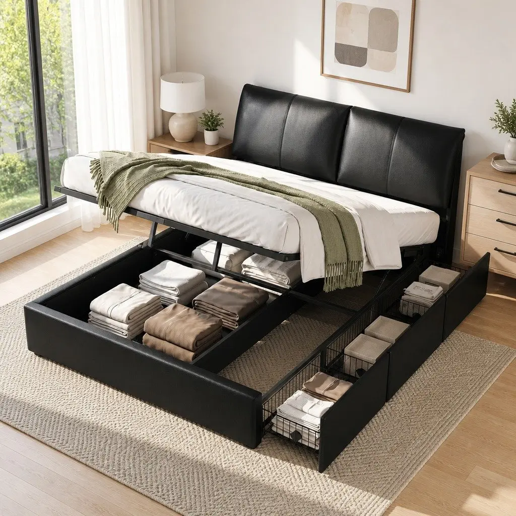 King Bed Frame Black Gas Lift Storage 3 Drawers Adjustable Headboard PVC Leather Plywood Solid Pine Wood Metal