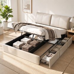 Queen Bed Frame with Gas Lift Storage and 3 Drawers