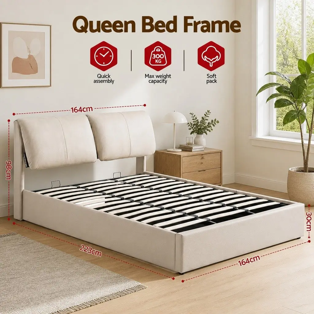 Queen Bed Frame with Gas Lift Storage and 3 Drawers
