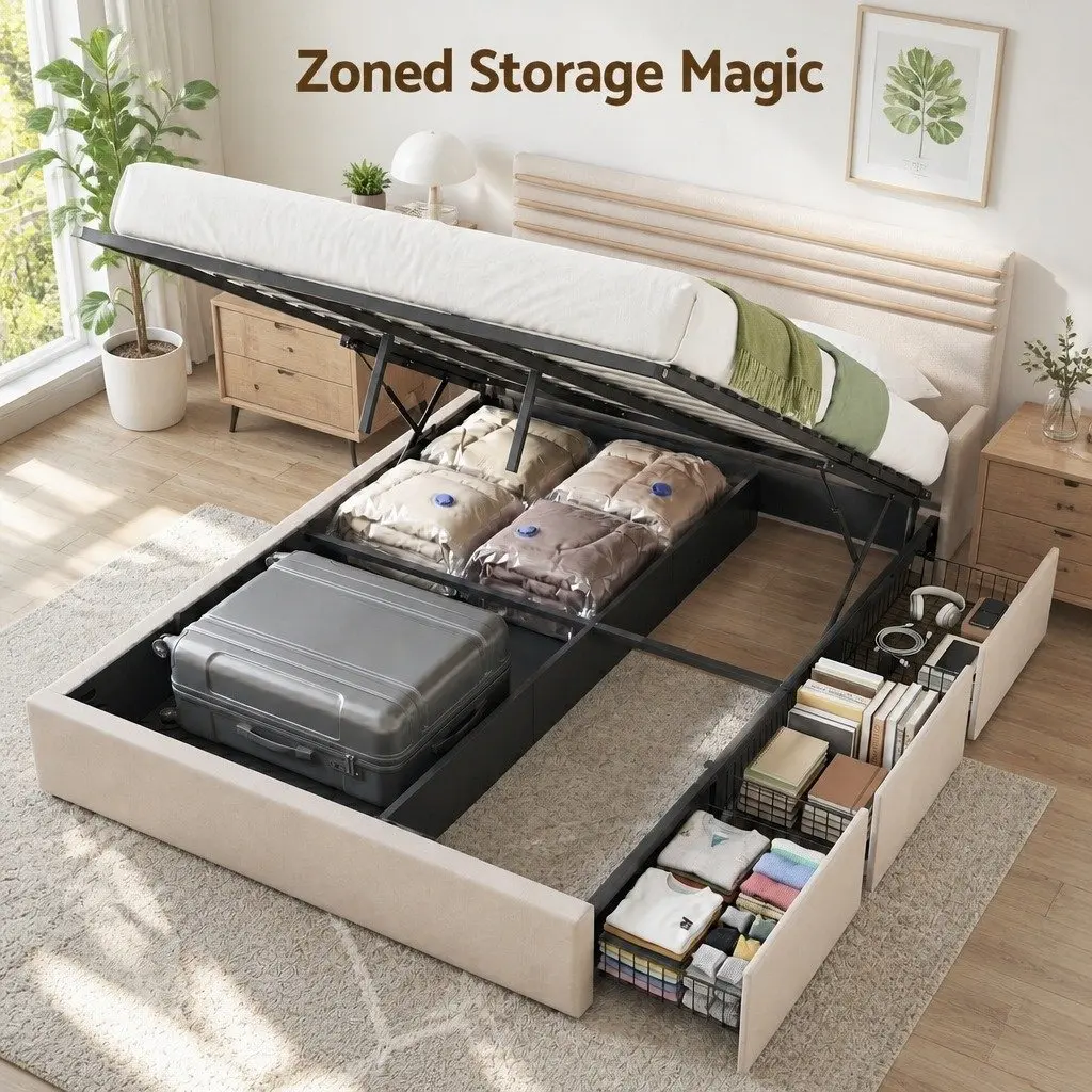 Queen Bed Frame with Gas Lift Storage and 3 Drawers