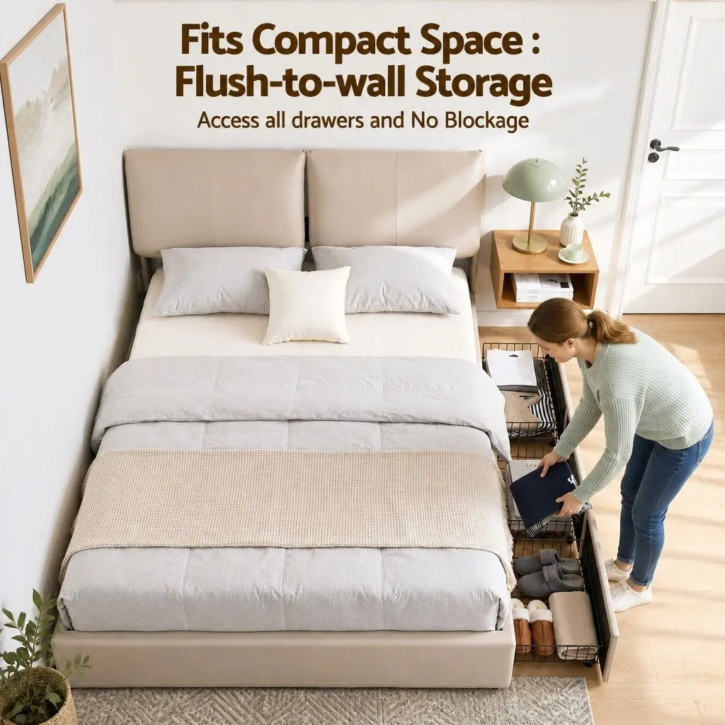 Queen Bed Frame with Gas Lift Storage and 3 Drawers