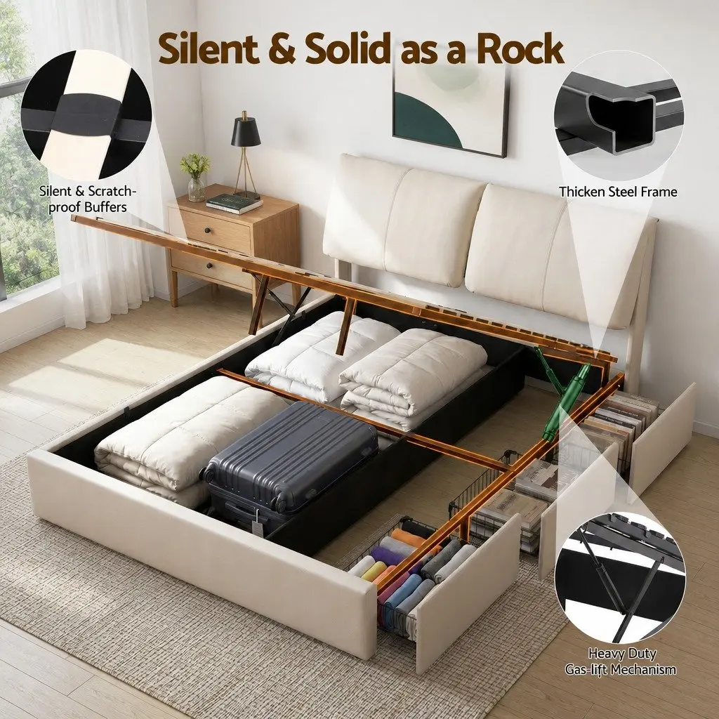Queen Bed Frame with Gas Lift Storage and 3 Drawers