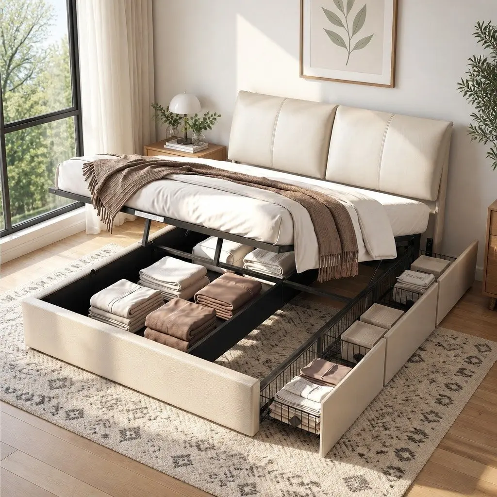 Queen Bed Frame with Gas Lift Storage and 3 Drawers