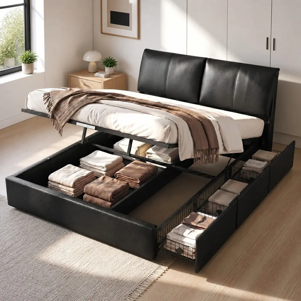 Queen Bed Frame with Gas Lift Storage and Drawers
