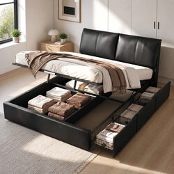 Stylish Queen Bed Frame with Gas Lift Storage and Drawers
