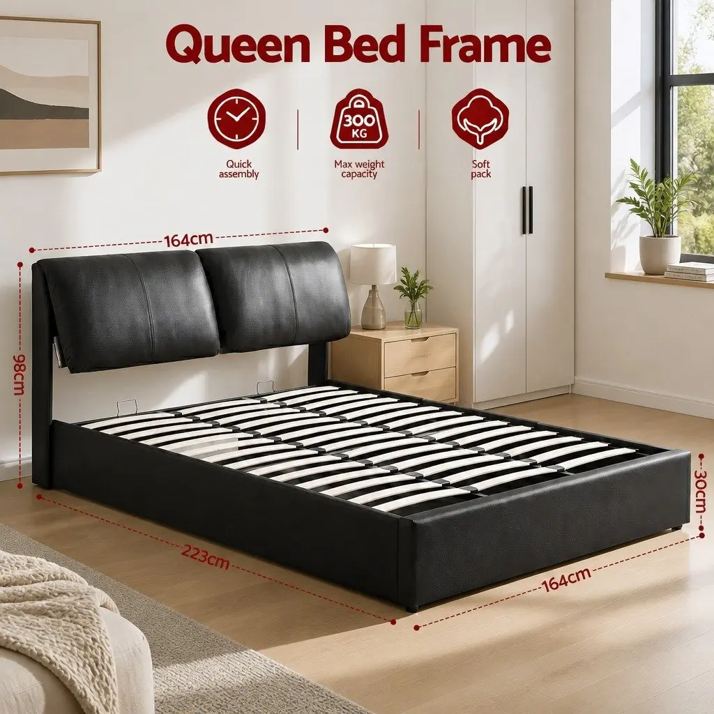 Queen Bed Frame Black Gas Lift Storage 3 Drawers Adjustable Headboard Platform