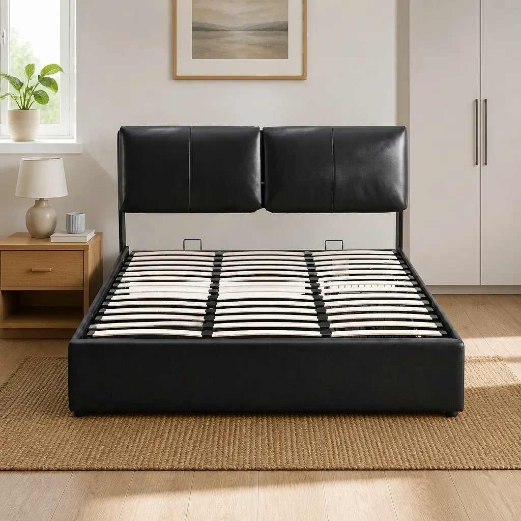 Queen Bed Frame Black Gas Lift Storage 3 Drawers Adjustable Headboard Platform