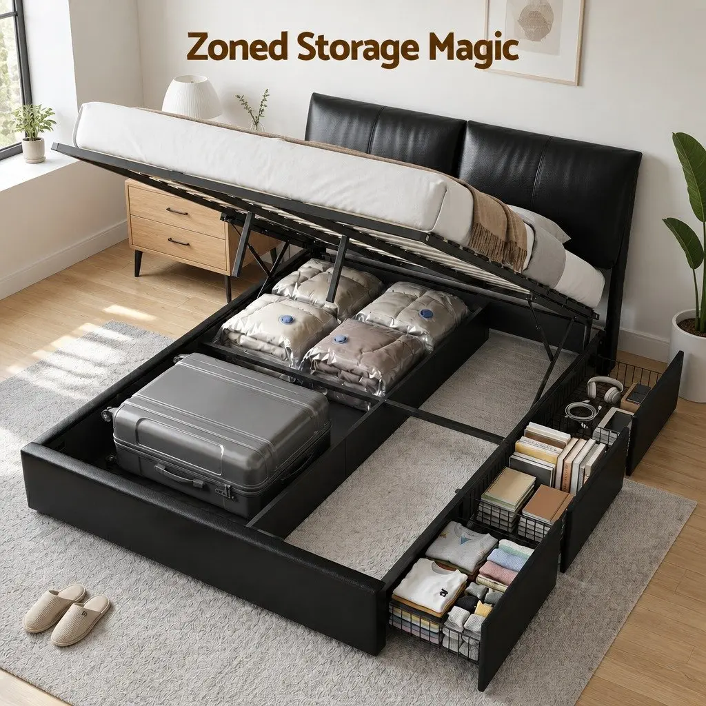 Queen Bed Frame Black Gas Lift Storage 3 Drawers Adjustable Headboard Platform
