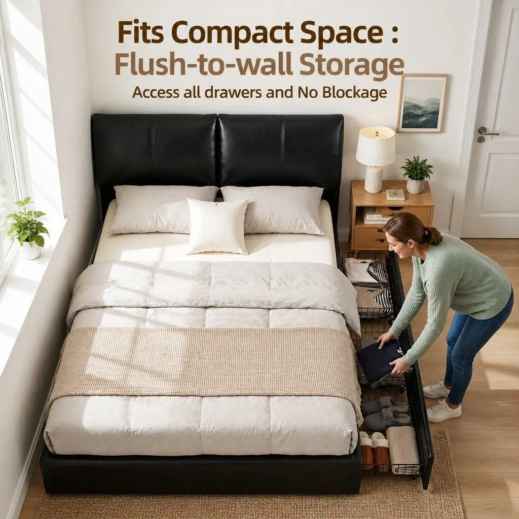 Queen Bed Frame Black Gas Lift Storage 3 Drawers Adjustable Headboard Platform