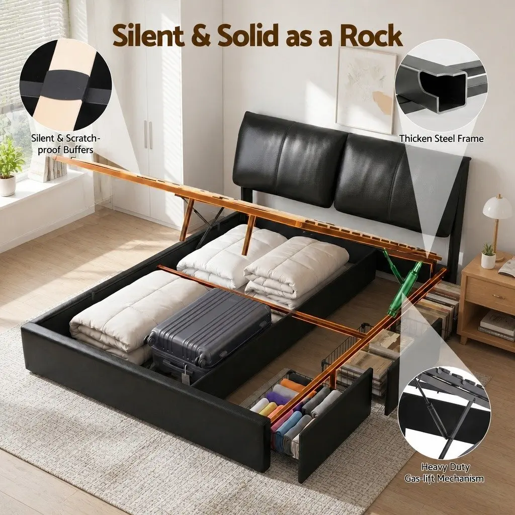 Queen Bed Frame Black Gas Lift Storage 3 Drawers Adjustable Headboard Platform