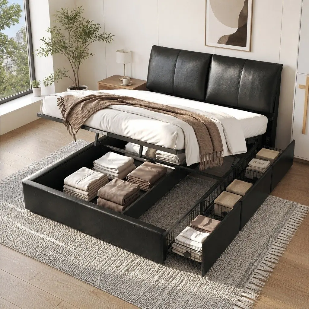 Queen Bed Frame Black Gas Lift Storage 3 Drawers Adjustable Headboard Platform