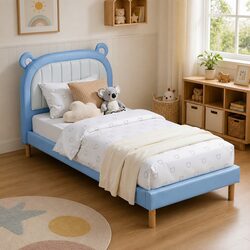 Kids King Single Bed Frame with Bear Headboard in Blue