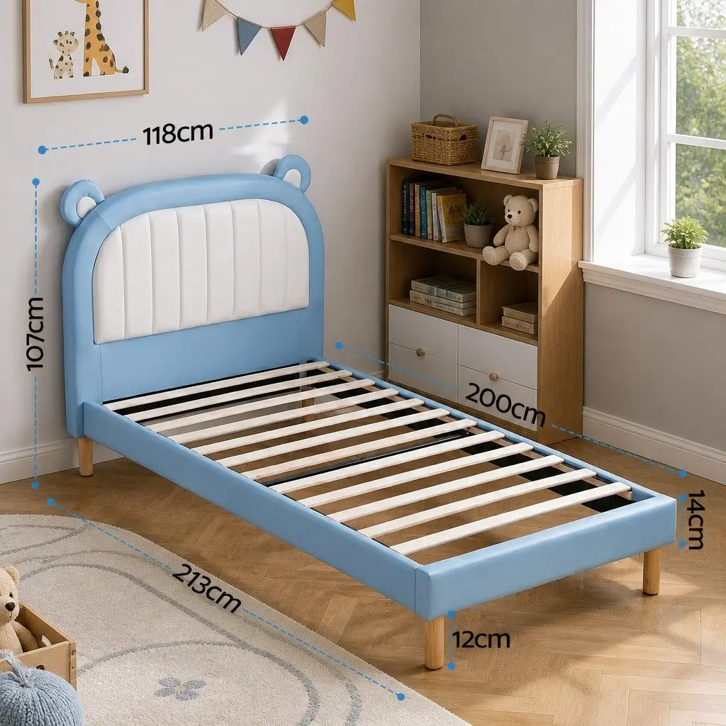 Kids King Single Bed Frame with Bear Headboard in Blue