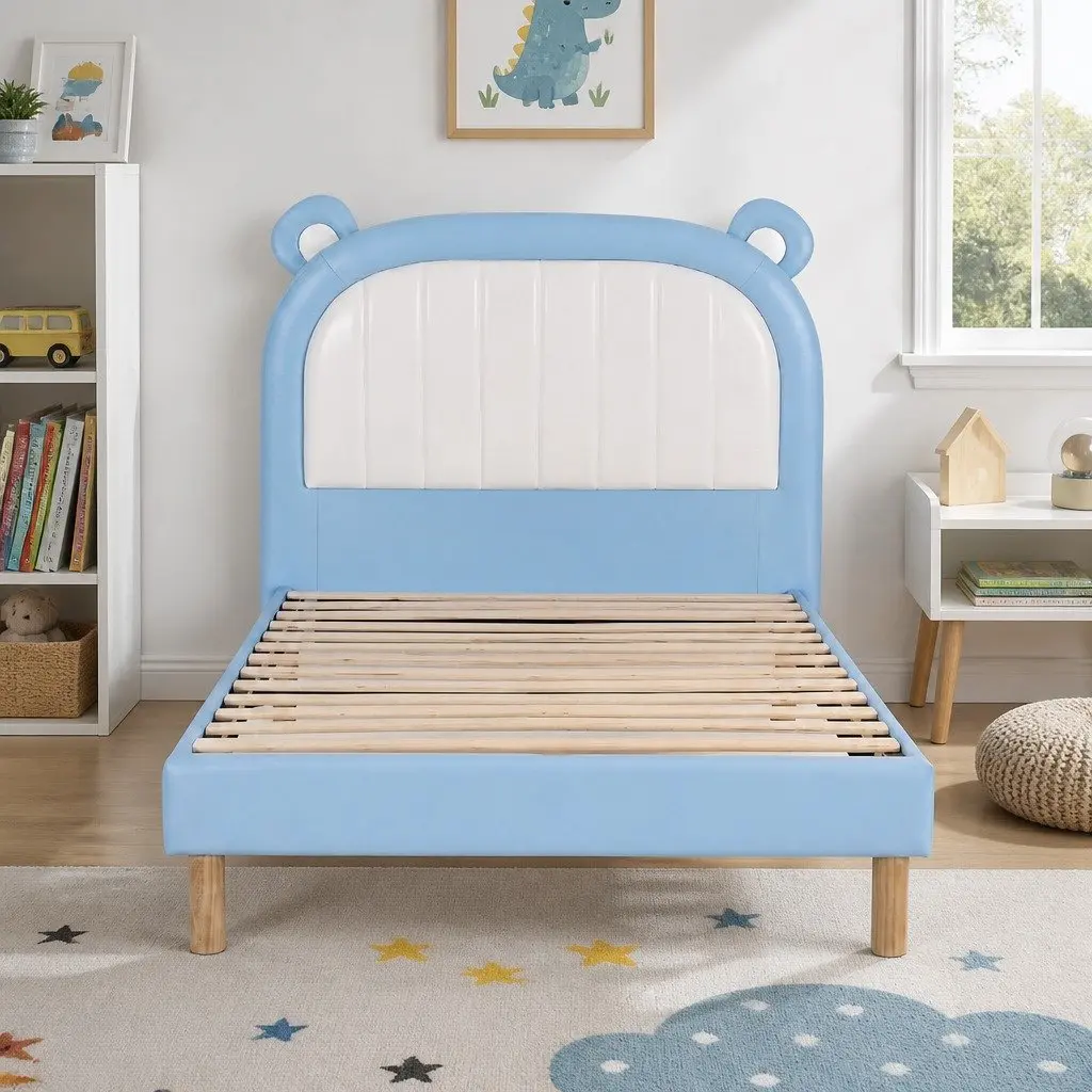 Kids King Single Bed Frame with Bear Headboard in Blue