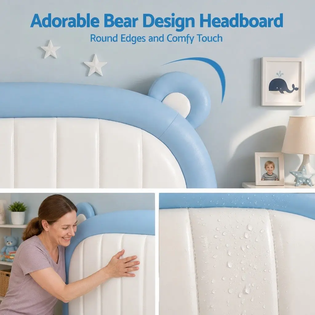 Kids King Single Bed Frame with Bear Headboard in Blue