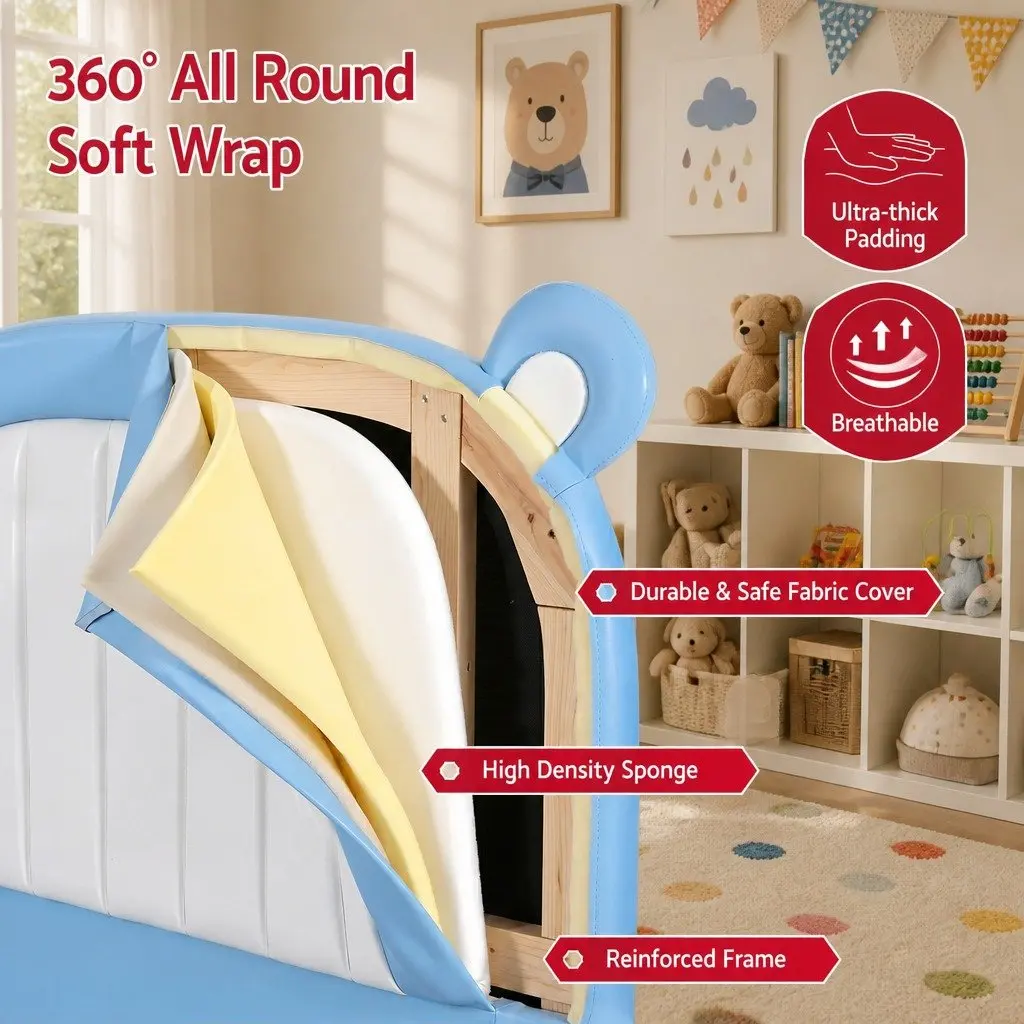 Kids King Single Bed Frame with Bear Headboard in Blue