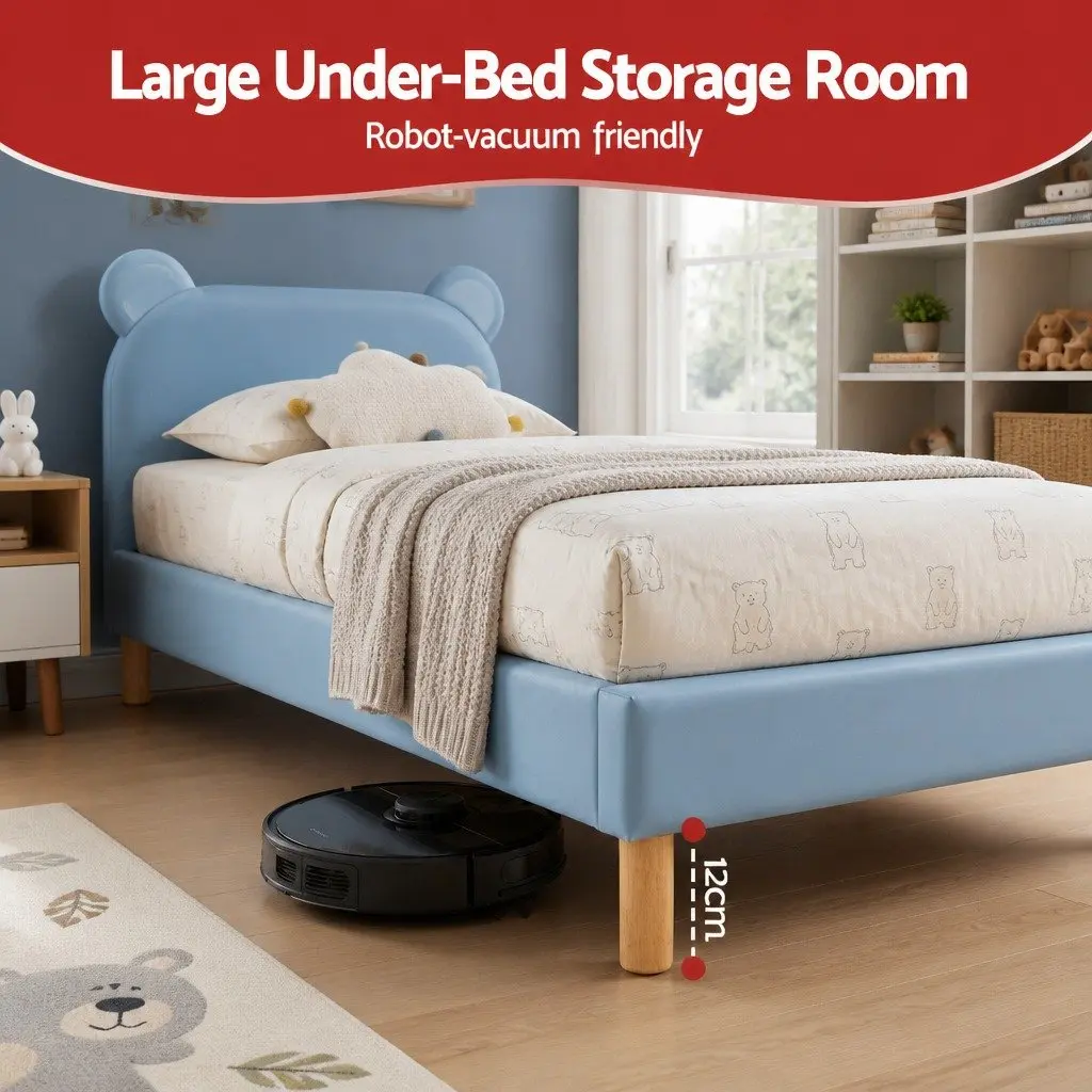 Kids King Single Bed Frame with Bear Headboard in Blue