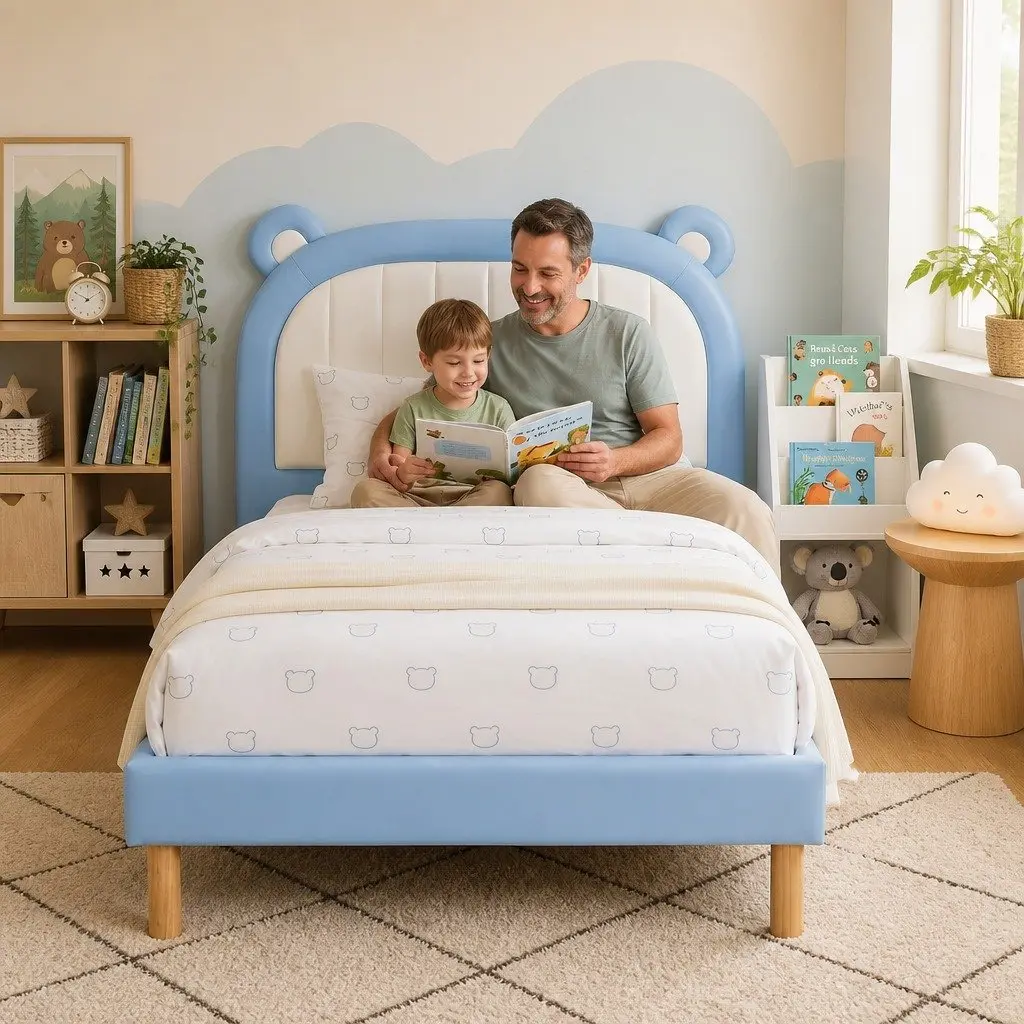 Kids King Single Bed Frame with Bear Headboard in Blue