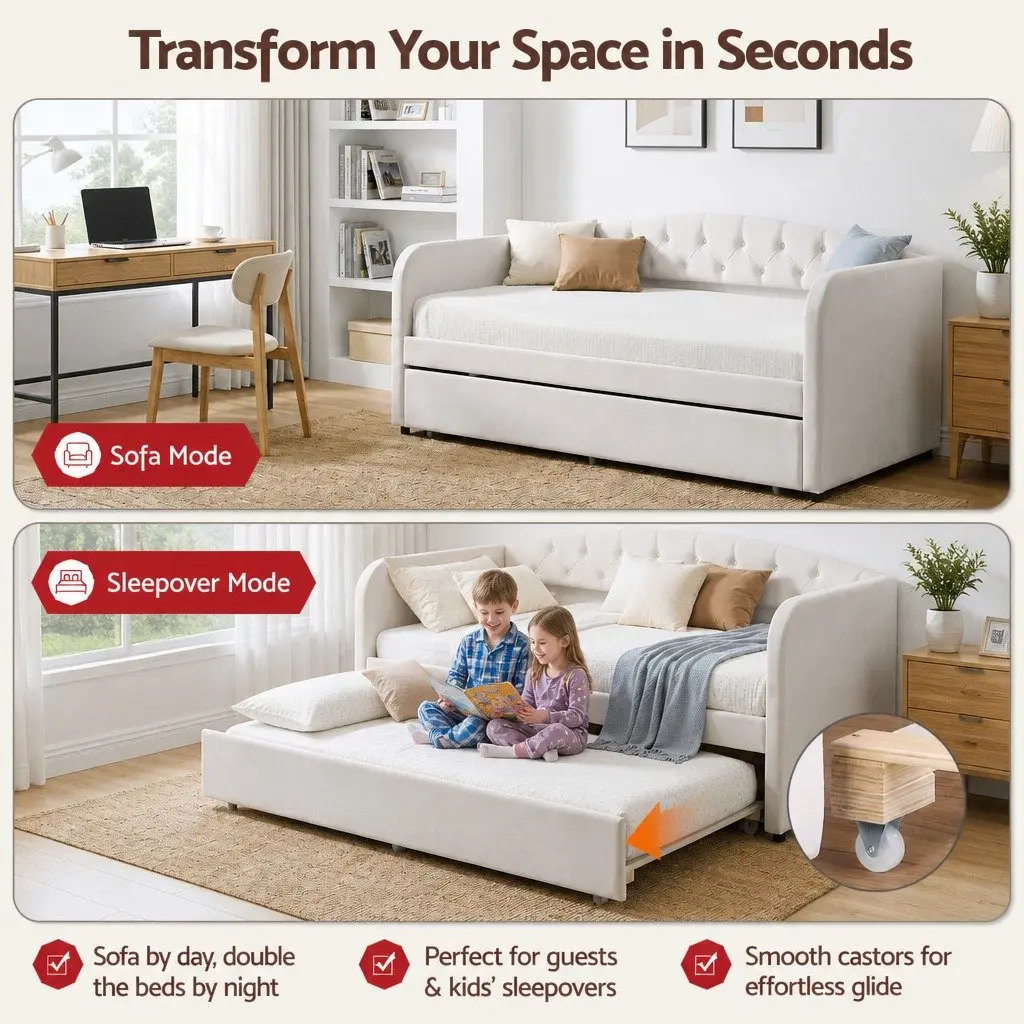 Tufted Upholstered King Single Daybed with Trundle