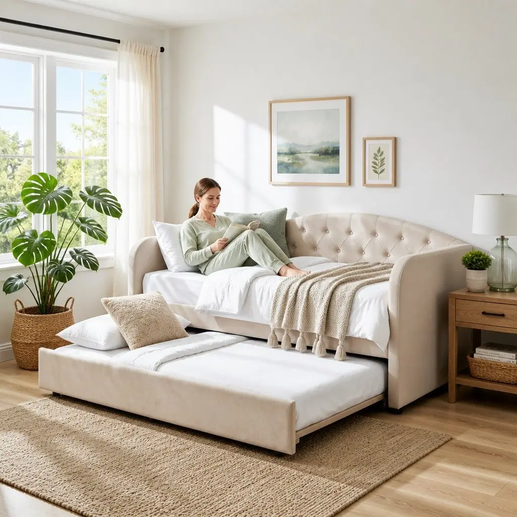 Tufted Upholstered King Single Daybed with Trundle