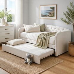 Upholstered Single Daybed with Pull-Out Trundle Bed