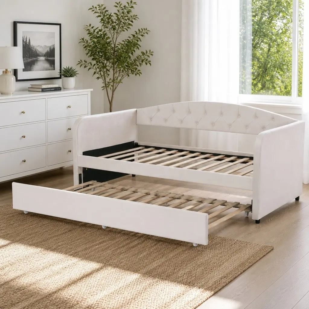 Upholstered Single Daybed with Pull-Out Trundle Bed