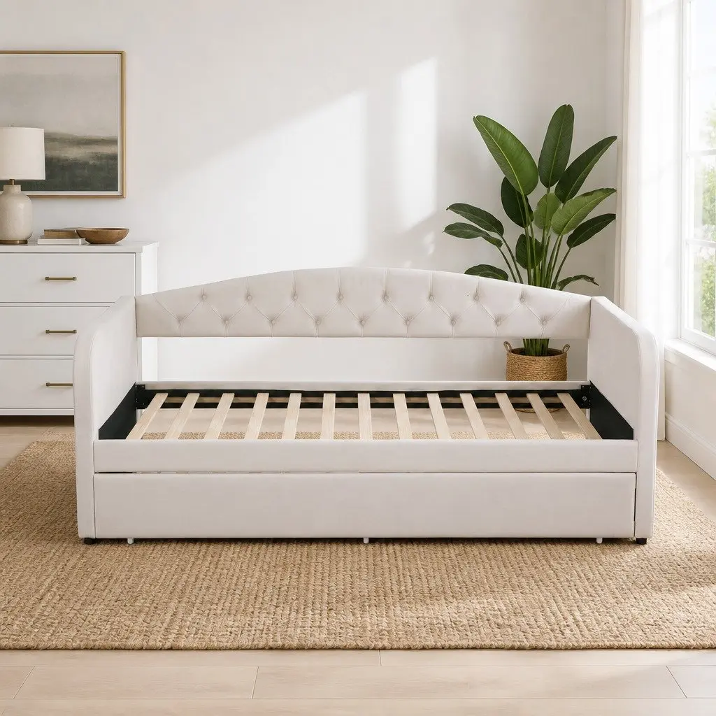 Upholstered Single Daybed with Pull-Out Trundle Bed