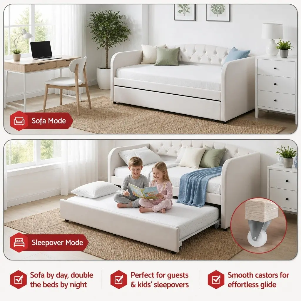Upholstered Single Daybed with Pull-Out Trundle Bed