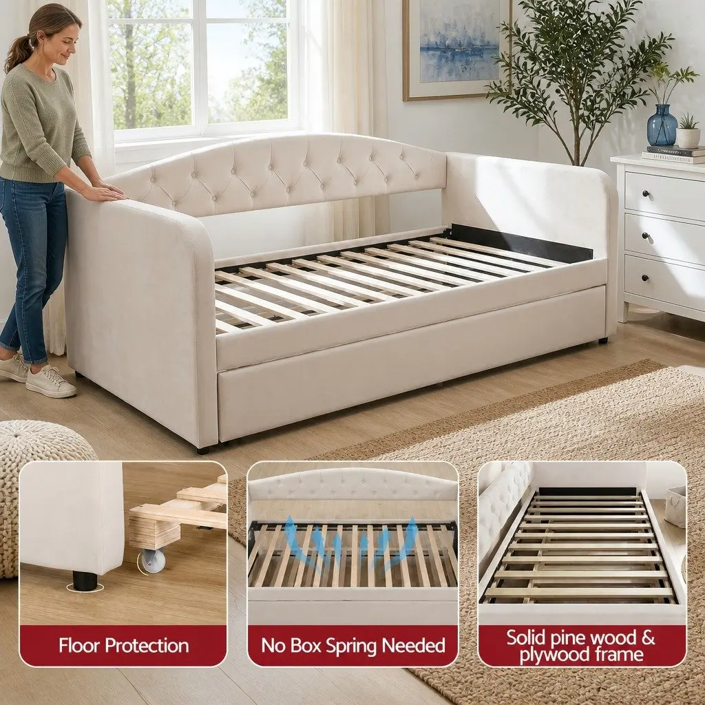 Upholstered Single Daybed with Pull-Out Trundle Bed