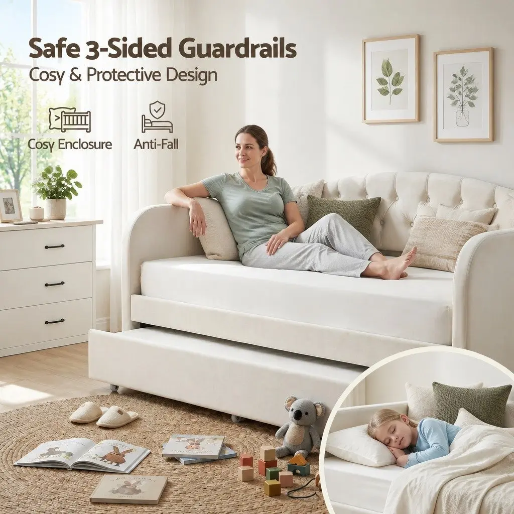 Upholstered Single Daybed with Pull-Out Trundle Bed