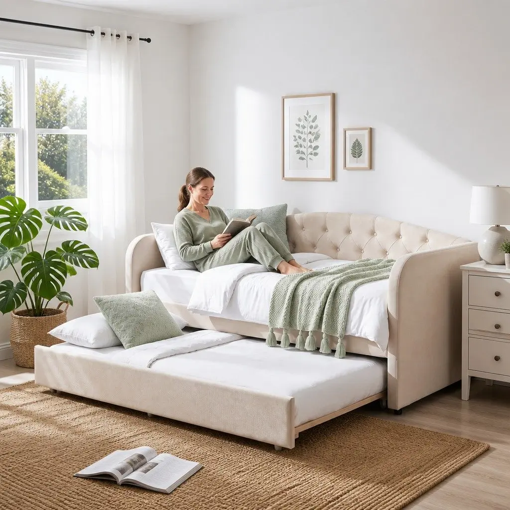 Upholstered Single Daybed with Pull-Out Trundle Bed