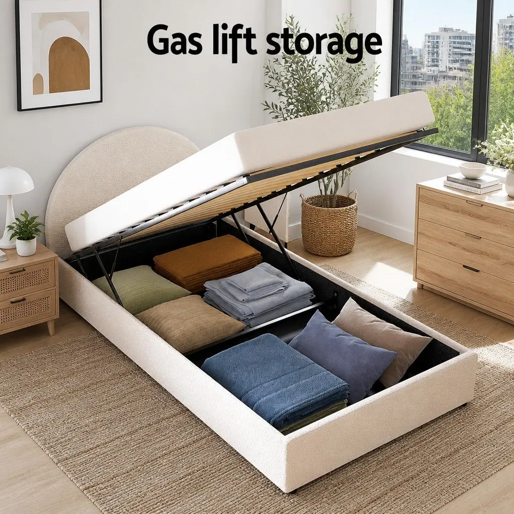Upholstered Boucle Fabric King Single Gas Lift Bed Frame