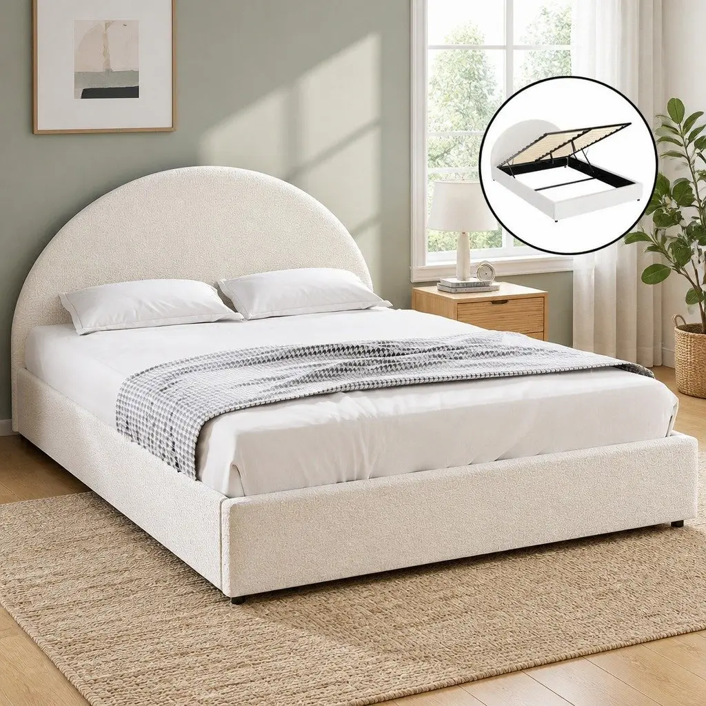 Queen Gas Lift Storage Bed Frame Boucle Upholstered Padded Platform Base